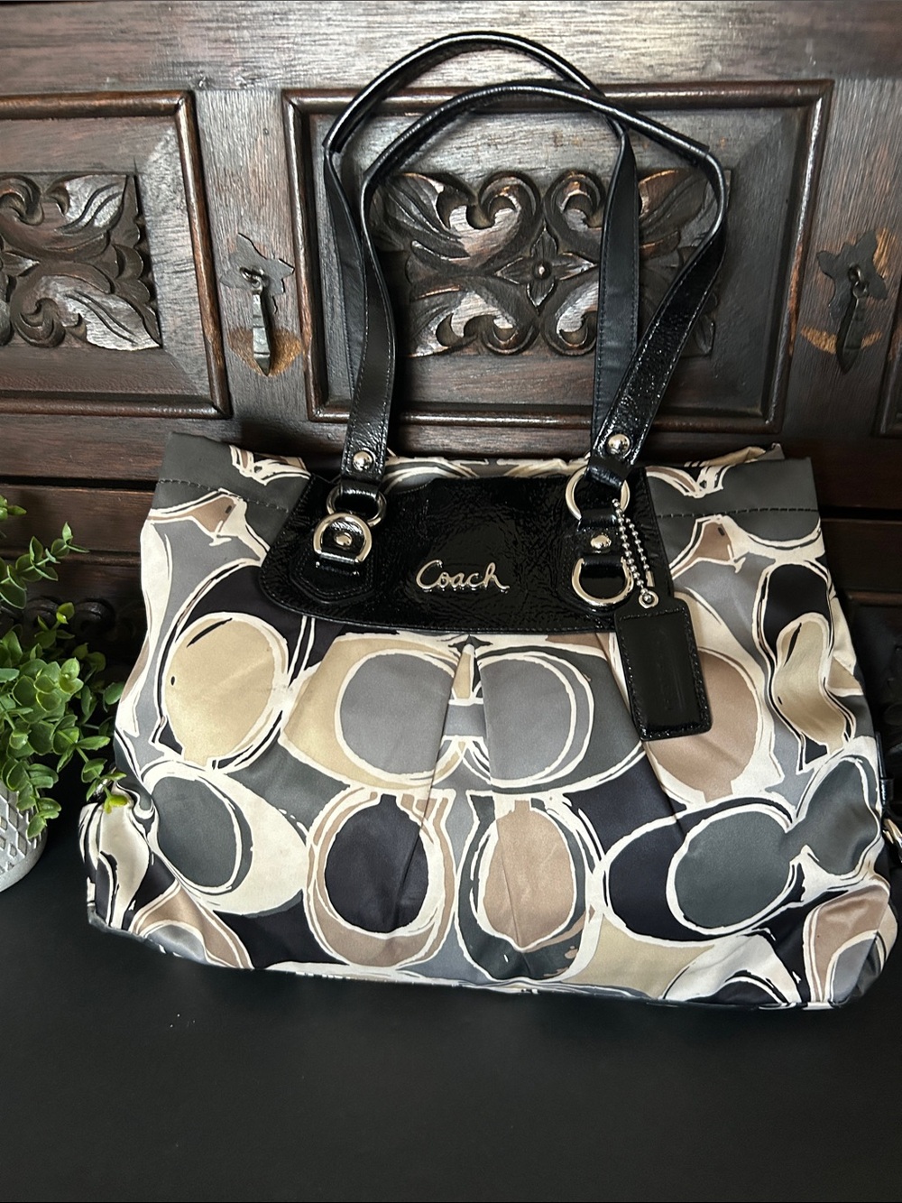 Coach Black Tote with Neutral Multicolor Circle Print